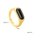 Detail view of 18K gold plated stainless steel ring with black stone inlay and dimensions - US 6 / Rectangle Black Agate Style (RI1673B6-8G)