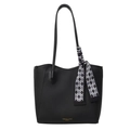 Grote zwarte shopper tas in leer met lychee-patroon en stijlvolle ruitvormige sjaal - Met zwart-wit geruite sjaal / Zwart