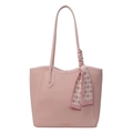 Light pink pebbled leather tote bag with decorative silk scarf and gold lettering - Pink