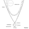 Vue détaillée du collier coeur double couche en acier inoxydable avec dimensions et fermoir - Style Coeur Double Couche Argenté (NE249401S)