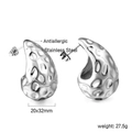 Detailed view of hammered silver teardrop earrings with antiallergic stainless steel finish - Silver (EA592401S)