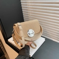 Beige saddle bag with straw woven texture and metallic clasp for versatile crossbody wear - Khaki