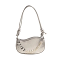 Trendy silver PU leather shoulder bag with heart pendant and white pearl chain - Silver