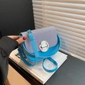 Blue patent leather box bag with black and white striped flap and silver buckle - Blue