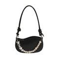 Sac demi-lune chic en cuir PU noir avec chaîne décorative en perles et cœurs argentés - Noir