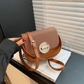 Brown half-moon box bag with woven flap detail and silver metal twist lock - Brown
