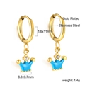Macro view of gold-plated stainless steel hoop earrings with crown blue enamel charm - Gold (EA58220KG)