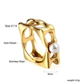 Detail of gold plated stainless steel wavy ring with pearl and size specifications - Irregular Wave Hollow Pearl Style (RI133906-8G)