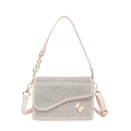 Pale pink rhinestone crossbody bag with pearl handle and sparkling asymmetrical flap - White