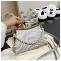 Silver satin shell bag with pleated texture and pearl handle, vintage clip closure - Silver