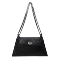 Schicke schwarze Web-Baguette-Tasche mit quadratischem Metallschloss und Kettenriemen - Schwarz