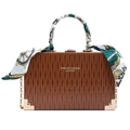 Brown wood-grain box bag with gold-tone hardware and green silk scarf handle wrap - Brown