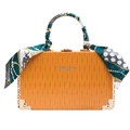 Orange vintage box bag with textured surface, silk scarf handle, and gold chain strap - Orange