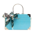 Sky blue wavy texture box bag with gold metal handle and patterned silk scarf accent - Blue