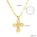 Detailed view of golden cross pendant with white zircon stones and chain dimensions - Beaded Edge Zirconia Cross Necklace (NE2F640AG)