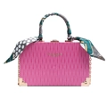 Retro rose pink box handbag with wave pattern texture and silk scarf handle accent - Rose Red
