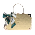 Golden rectangle box bag with metallic pleated texture, chain strap, and silk scarf detail - Gold