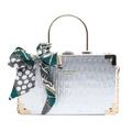 Silver wrinkled leather box bag with gold metal handle and green patterned silk scarf - Silver