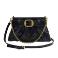 Schwarze Leder-Hobo-Tasche mit goldener strukturierter Schnalle und Kettenriemen - Schwarz