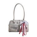 Silberne PU-Schultertasche mit Vordertaschen und bunten Bandanhängern für Damen - Silber