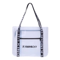 Transparent PVC tote bag with black FASHION lettering and printed strap detail - White