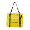 Bright yellow transparent PVC tote bag with black fashion text and woven straps - Yellow