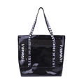 Glossy black PVC tote bag with white fashion lettering and large capacity design - Glossy Patent Leather Style / Black