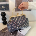 Borsa a mano vintage grigia con paillettes colorate a scaglie e manico in metallo dorato - Nero