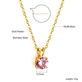Detailed view of pink zircon pendant on gold plated stainless steel chain with size info - Round Pink Zirconia Gold Style (NE2B200FG)
