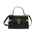 Black vintage crocodile pattern handbag with gold hardware and top handle strap - Black