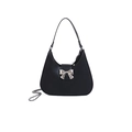 Minimalist black crescent shoulder bag with silver bow detail and dual chain strap - Black