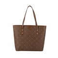 Borsa tote marrone con monogramma vintage e manici con rivetti dorati su sfondo bianco - Caffè Con Lettere