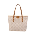 Borsa shopping beige con finiture in pelle marrone e motivo stampato alla moda - Lettere Bianco Sporco