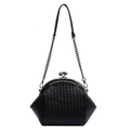 Classic black woven shell shoulder bag with metallic clasp and chain strap on white background - Black