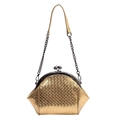 Golden woven frame shell bag with metallic chain strap and ball clasp closure - Gold