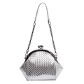 Silver woven PU leather shell bag with metallic ball clasp and chain shoulder strap - Silver
