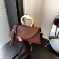 Brown handbag with faux crocodile pattern and a unique gold geometric metal handle - Brown