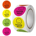 Colorful smiley face stickers with Thank You text for packaging and gift decoration - 25mm Diameter/500 Pcs Per Roll / Mixed Colors