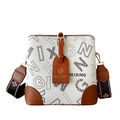 Bolso tipo cubo con estampado de letras, ribete en contraste y correa ancha al hombro - Blanco Roto