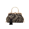 Sac à main noir élégant avec broderie florale dorée et détail de gland en soie - Noir