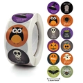 Rouleau d'autocollants Halloween 2,5 cm avec citrouille, fantôme et hibou pour sacs - 12 Motifs Mixtes (500 pièces/rouleau) / 1 Pouce / 25 mm