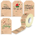 Roll of Merry Christmas gift tag stickers with four holiday designs on kraft paper background - 75x50mm / Style A