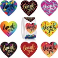 Roll of heart-shaped thank you stickers with rainbow and polka dot patterns for gift decor - Small (One Inch)