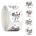 Roll of white circular Thank You stickers with black script and red hearts for small business - 25mm / White with Black Letters