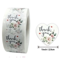 White heart-shaped thank you stickers with pink floral patterns, 1-inch adhesive roll - White