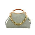 Light green plaid woven bag with vintage metal frame and wooden curved handle - Green