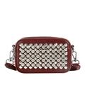 Sparkling burgundy crossbody bag with rhinestones and wide strap camera bag style - Angola Red