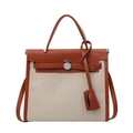 Borsa a mano stile Kelly in pelle marrone e tela beige con manico e tracolla lunga - Marrone