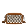 Chic brown leather camera bag featuring sparkling rhinestones and wide shoulder strap - Brown