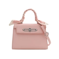 Borsa Kelly rosa chiaro in pelle a grana con foulard a cuori avvolto sul manico - Rosa
